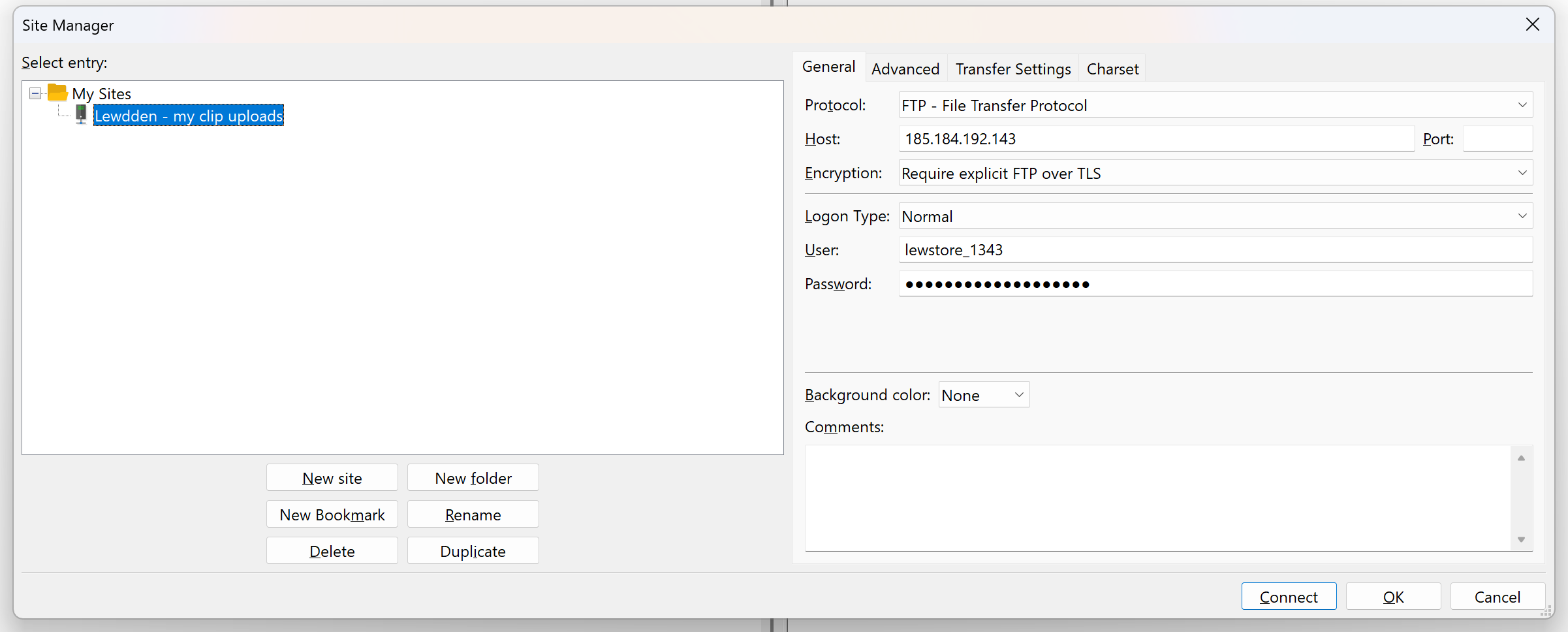 FileZilla Site Manager: Protokół FTP, serwer ftp.lewdden.com, szyfrowanie „Wymagaj jawnego FTP przez TLS”, typ logowania „Normalny”, a do tego twoja nazwa użytkownika i hasło.