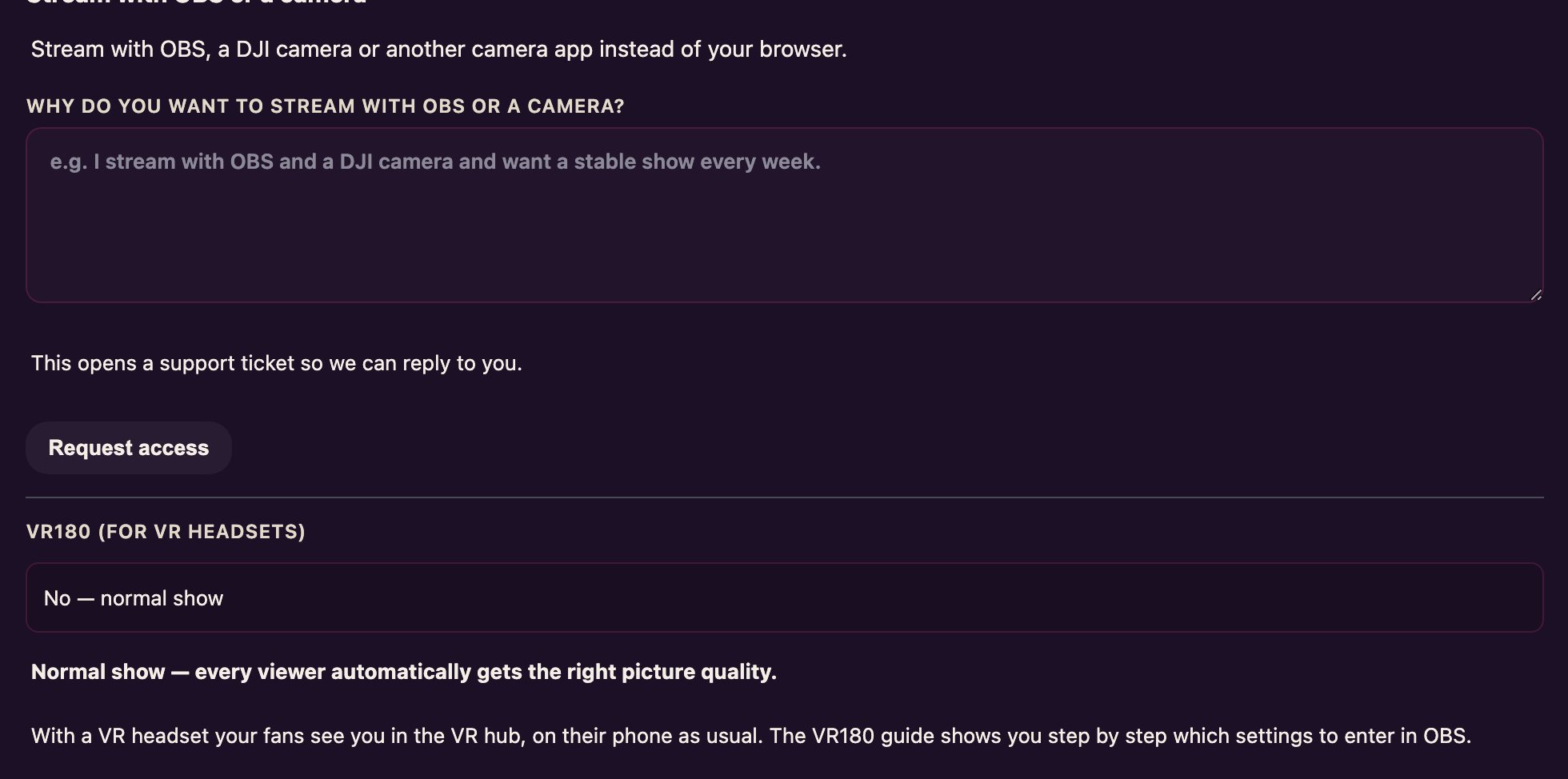 Livestream studio external-encoder panel: server URL, stream key, full URL, Connect encoder, Rotate.