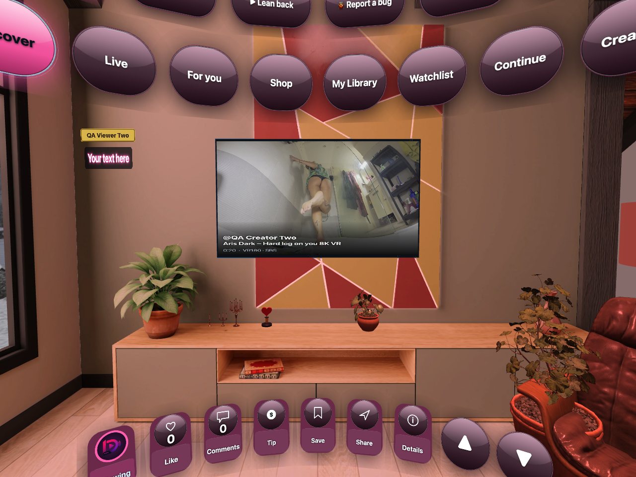 The VR hub room: the screen in the middle, the tabs above, the action bar below.