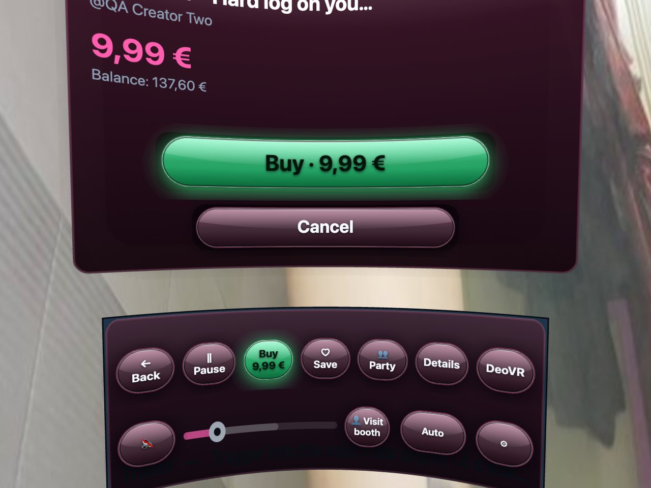 The buy dialog in the dome: price, balance, Buy.