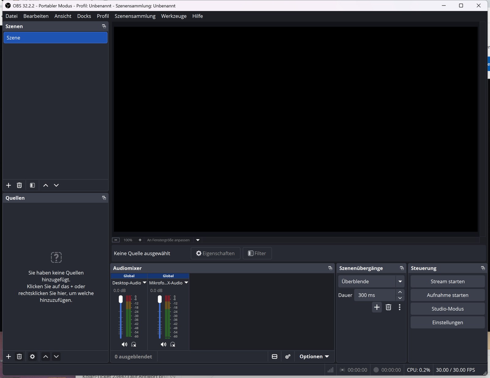 OBS running the VR180 profile at 3840x1920 with the side-by-side picture filling the scene.