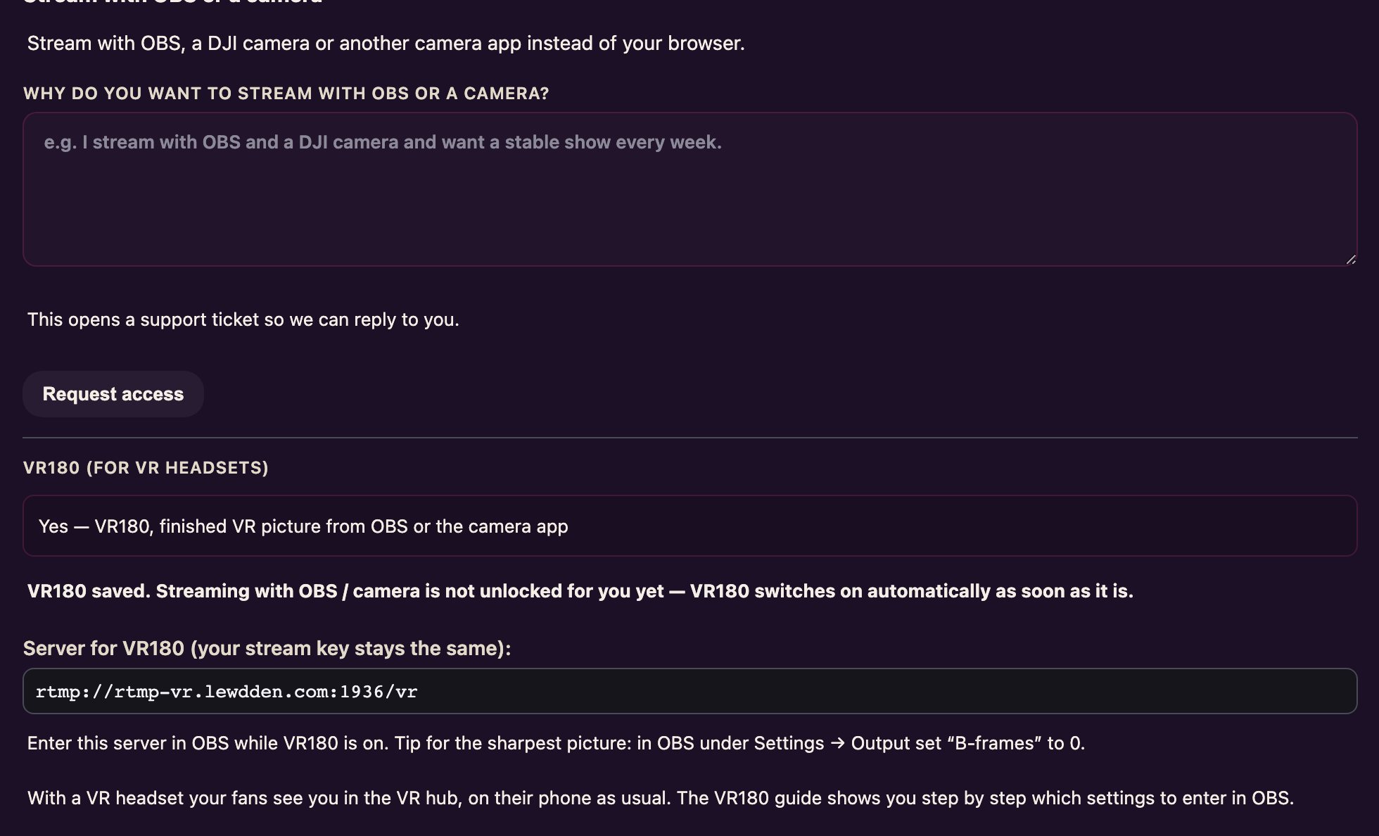 The VR180 broadcast select set to Yes, with the line "VR180 on — ingress: one 4K layer".